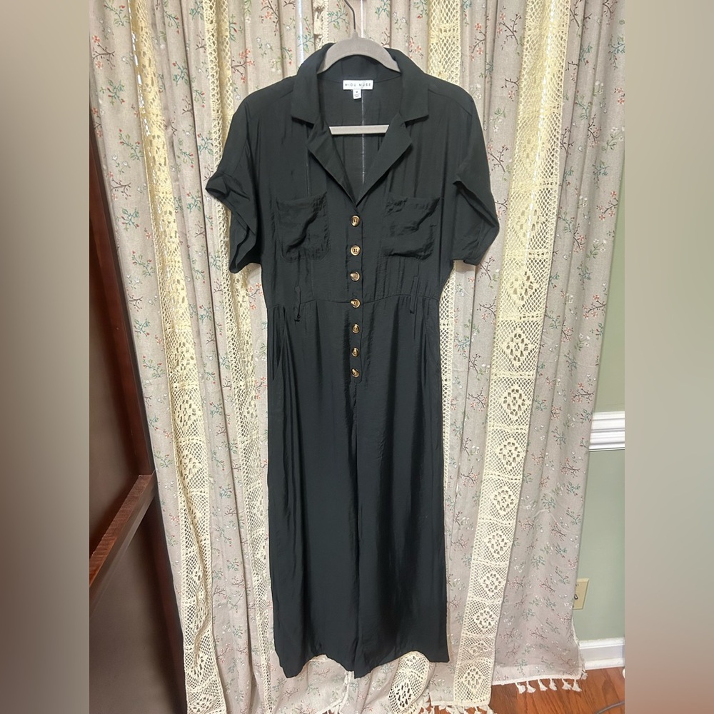 Miou Muse Black Wide Leg Jumpsuit Button Front Pockets Medium